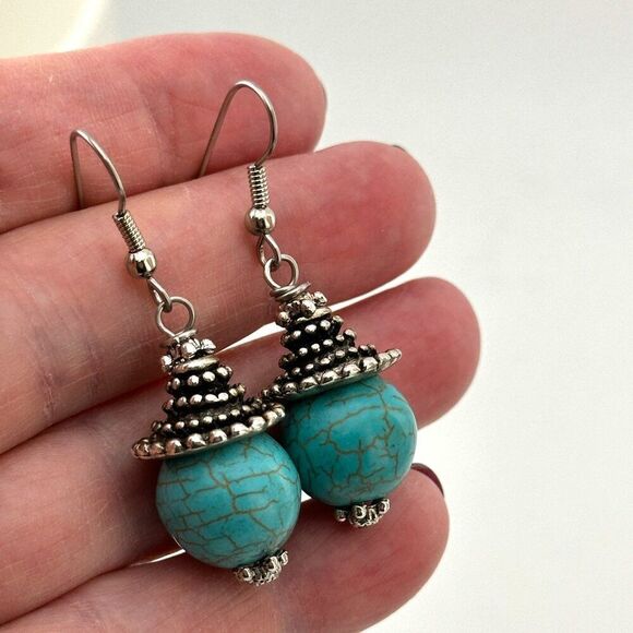 Turquoise Wagnerite Antique Silver Tone Earrings Surgical Steel Hooks - Picture 5 of 7